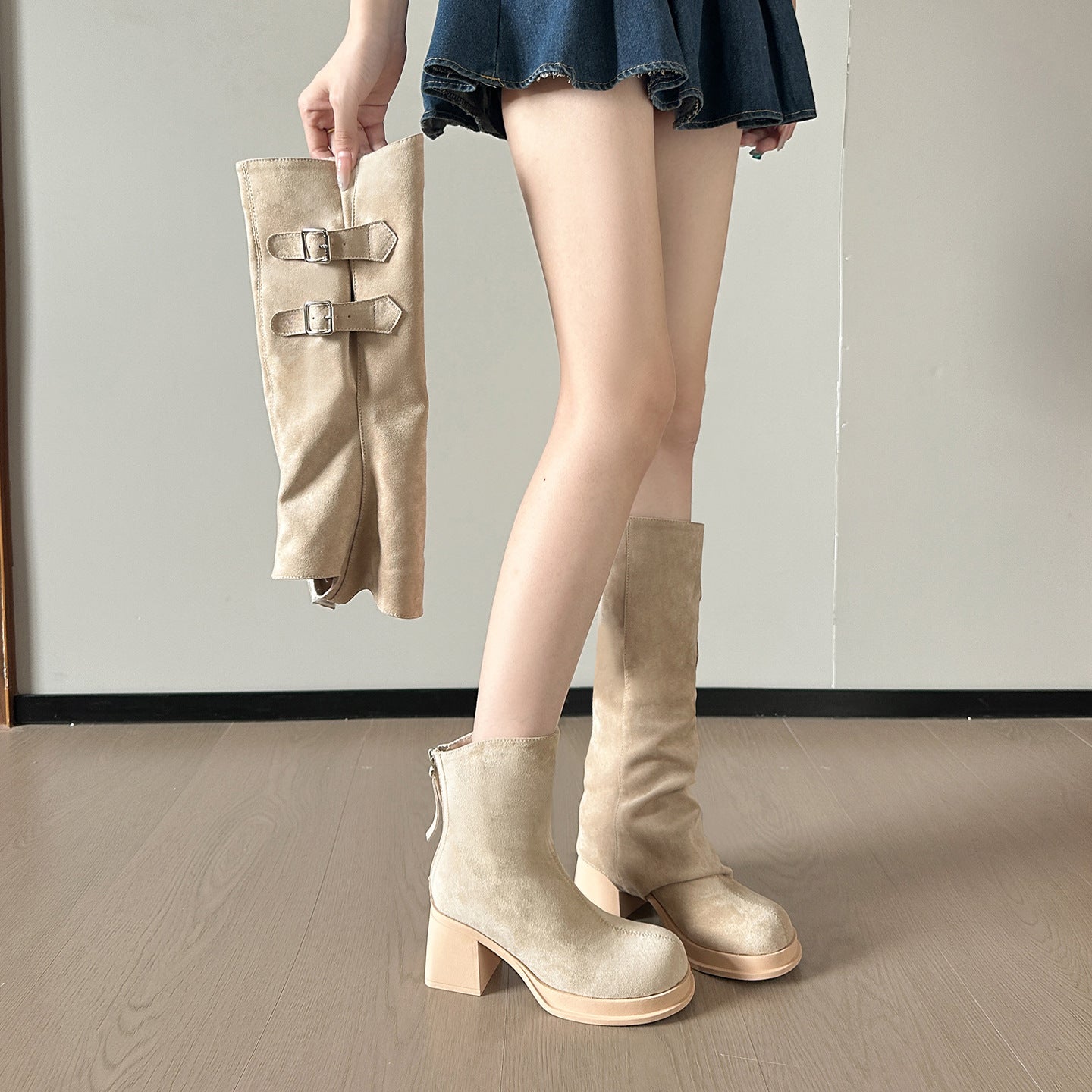 Zwei-Wege-Trage-Langschaftstiefel Herbst Winter Abnehmbare Plüschstiefel Dicke High Heel Plateau Overknee Stiefel Retro Strumpfhosenstiefel