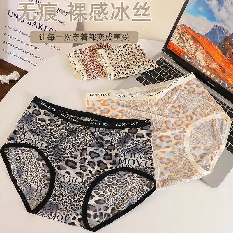 Ice Silk Seamless Underwear for Women, Hot Leopard Print Ice Silk Silk Protein Antibacterial Crotch Women&
