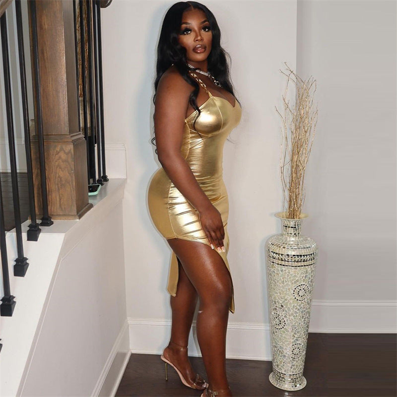 Damenkleidung Herbst Bronzing Farbe Tube Top Sexy Taille Eng Hüfttasche Unregelmäßiges Asymmetrisches Spaghettiträgerkleid Damen