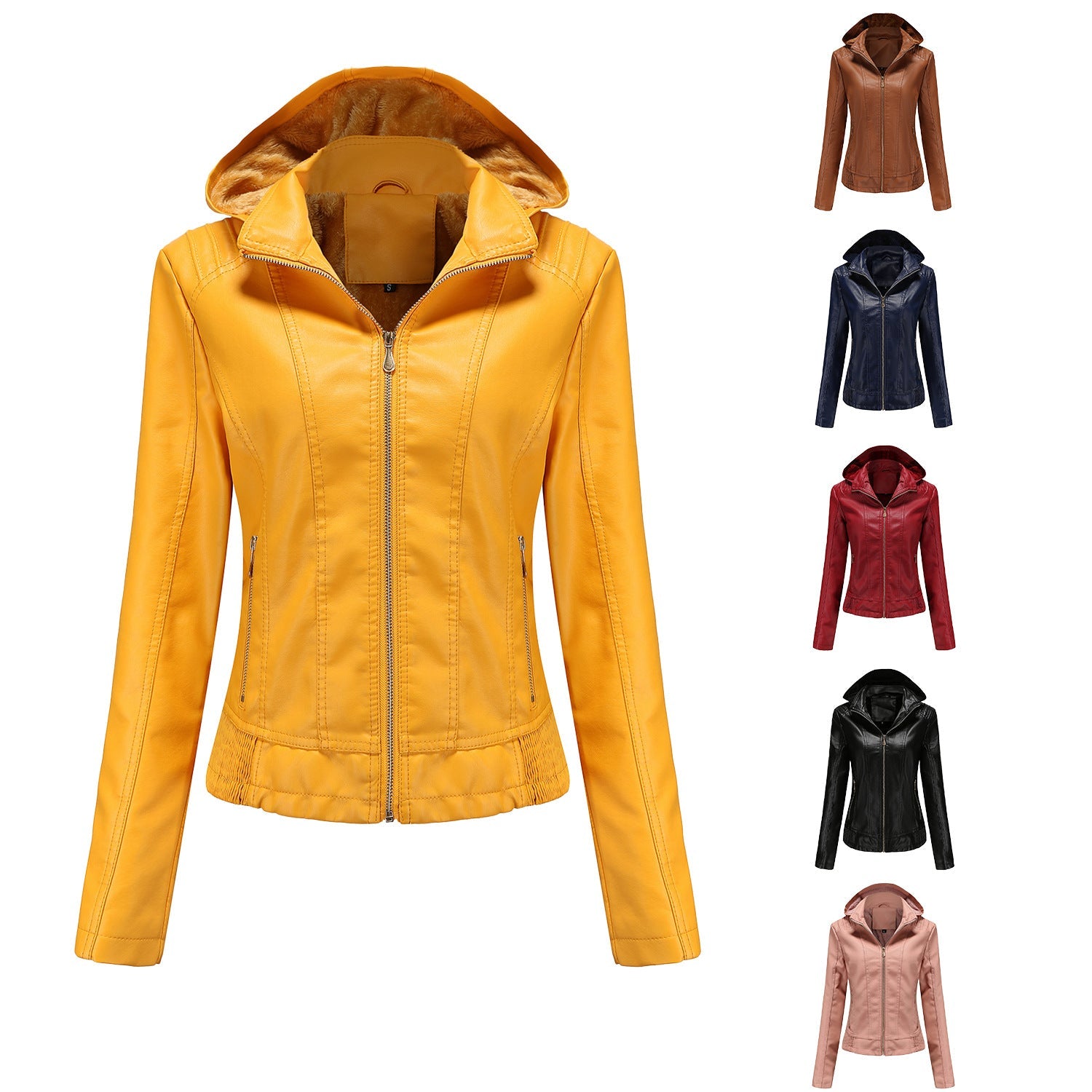 Herbst Winter Kapuzen-Ledermantel Damen Abnehmbare Kapuze Langarm Reißverschluss Fleece-gefütterte Lederjacke Schmaler Mantel