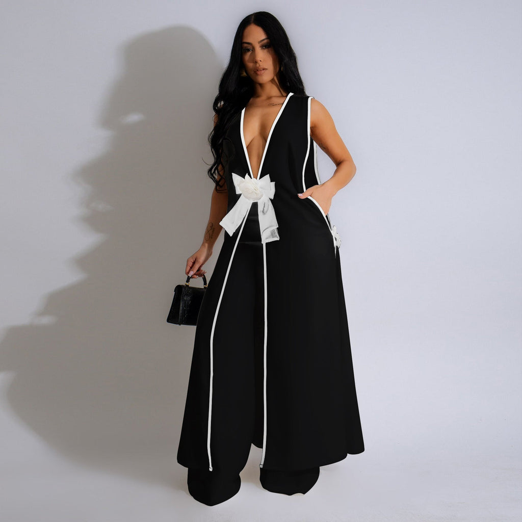 Damen sexy Camellia Schleife ärmellose lange Weste weite Hosen Set