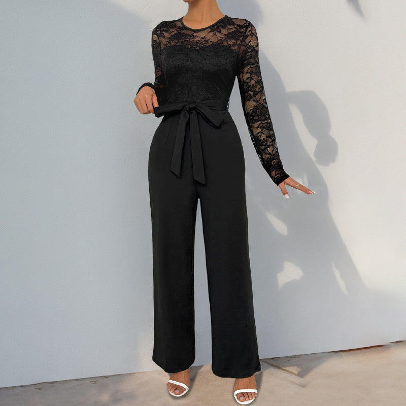 Herbst-Jumpsuit mit Spitzenstickerei, Reißverschluss und Schnürung, unifarben