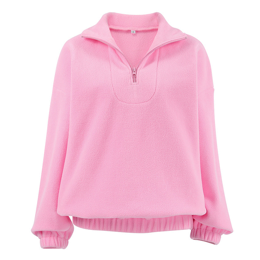 Autumn Winter Lambswool Loose Lapels Pullover Sweatshirt Polar Fleece Women Clothing