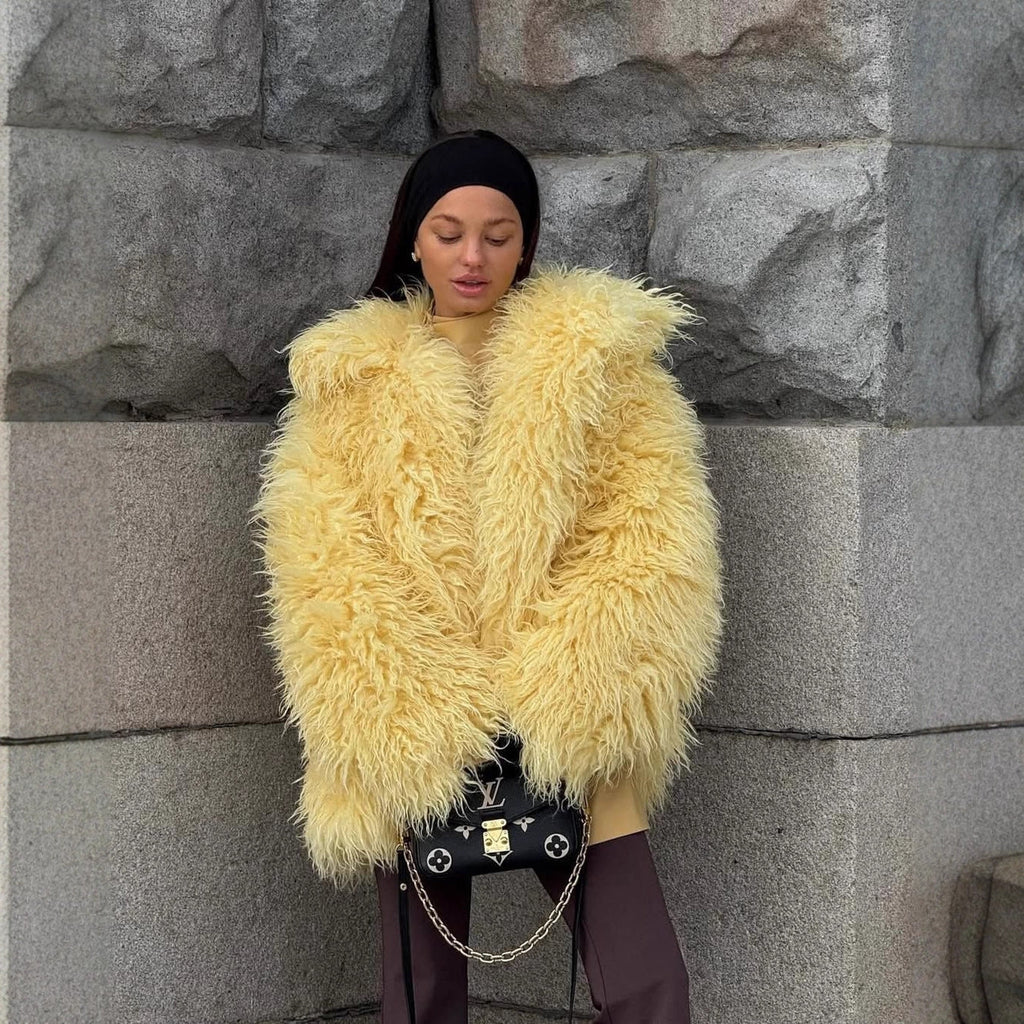 Yellow Plush Coat Faux Fur Environmental Protection Fur Coat Women Oversise Wear Top