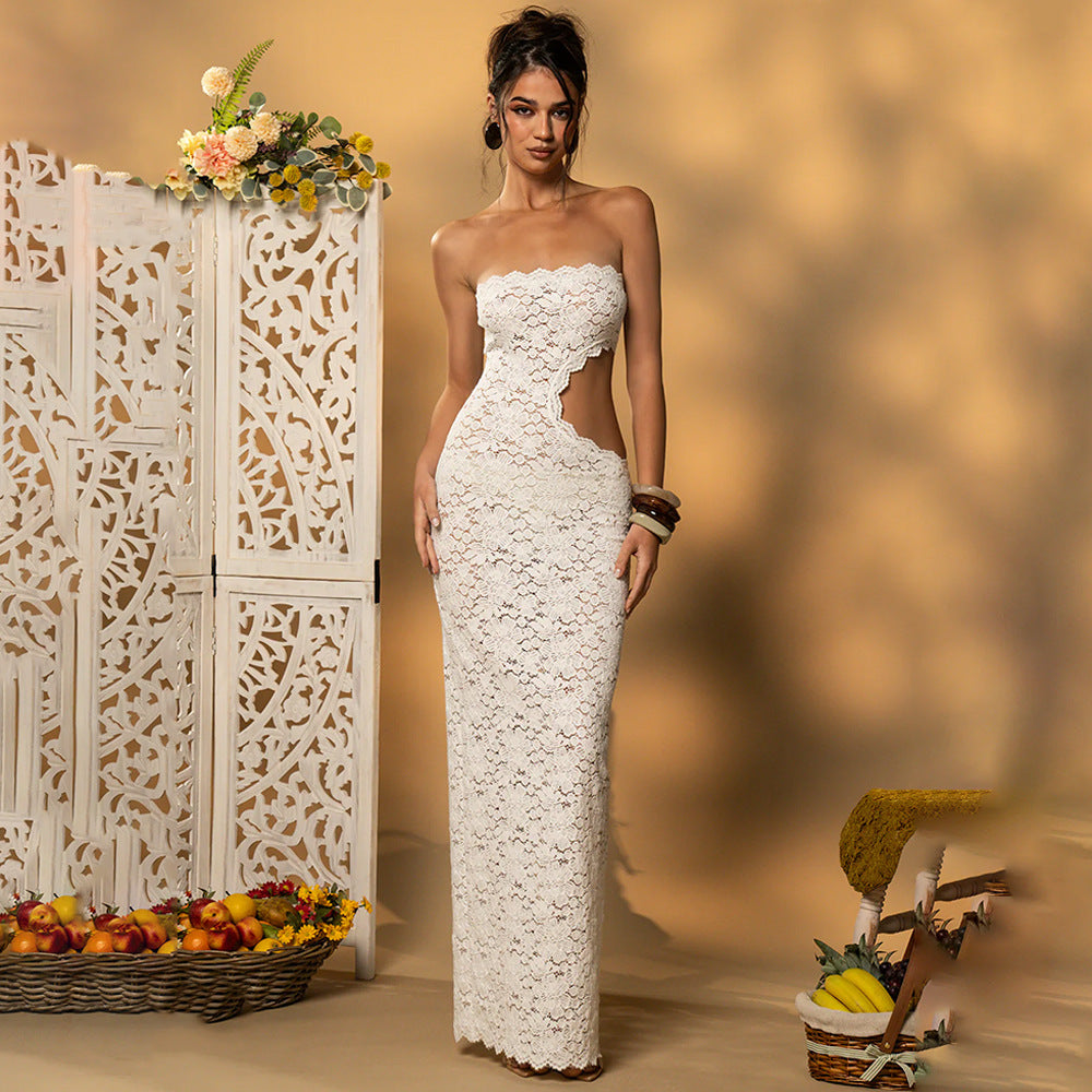 Sommer Sexy Spitze Hohl Cutout Schlitz Damen Bandeaukleid