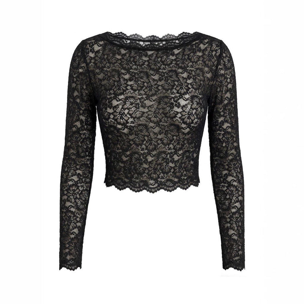 Women Lace Long Sleeved Top Sexy Mesh See through Slim Bottoming Shirt