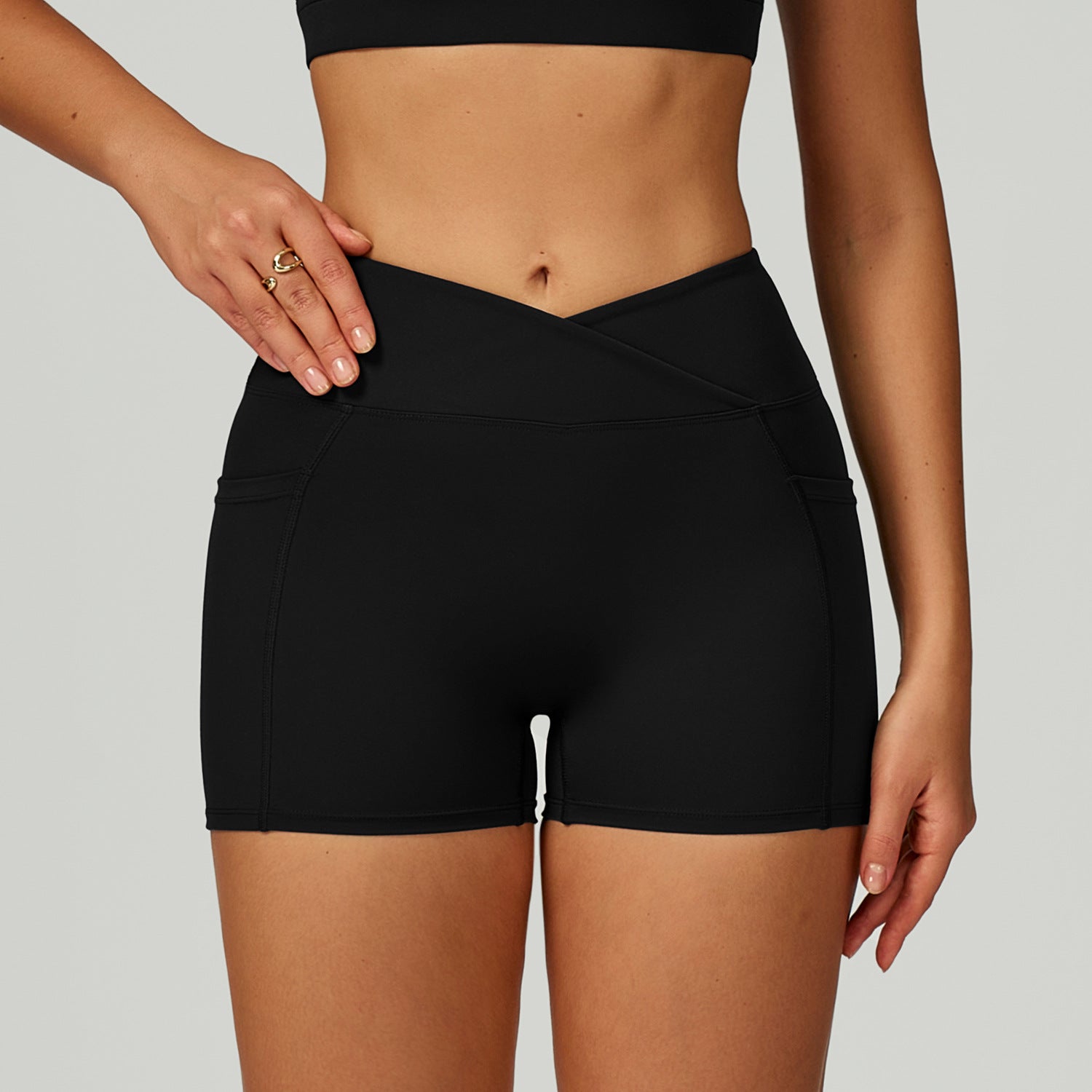 Sollinarry Nude Feel High Waist Yoga Shorts Cross Waist Skinny Yoga Pants Outdoor Running Cycling Sports