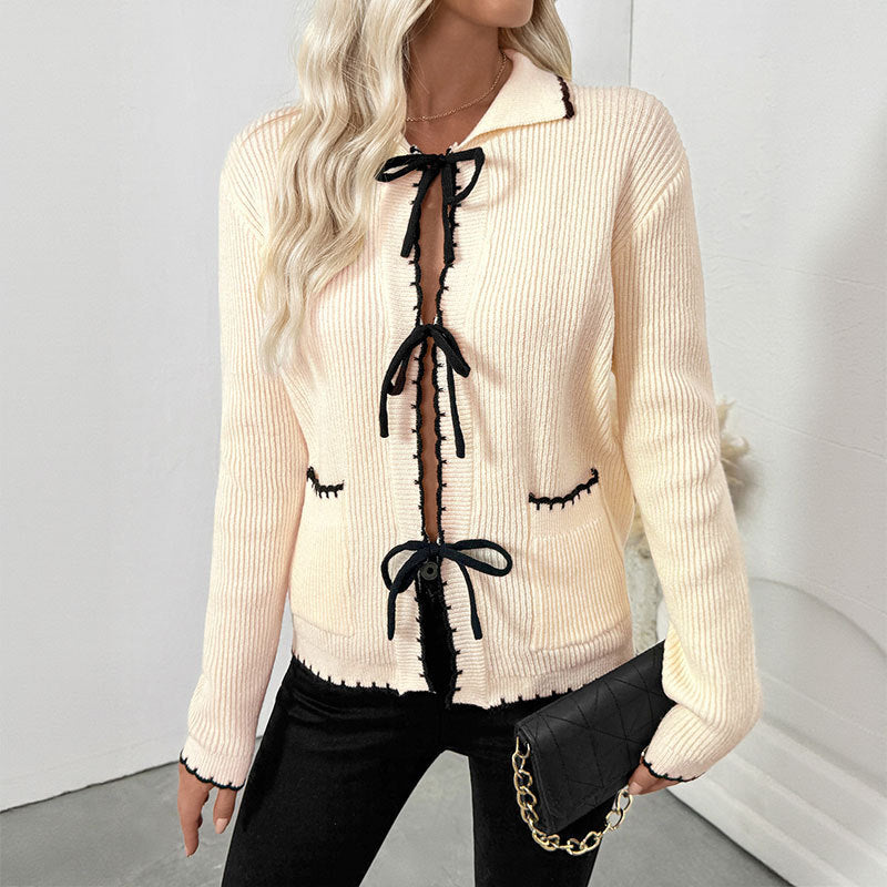 Süßer Chanel Schleife Schnürung Umlegekragen Zierleiste Kontrastfarbener Pullover Damen Cardigan
