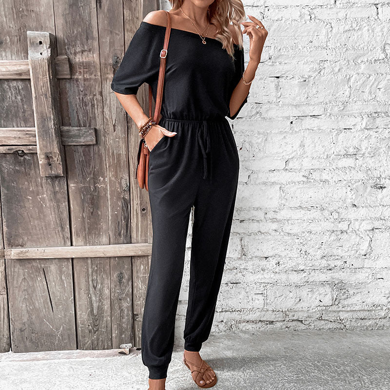 Damen Freizeit Jumpsuit schulterfrei einfarbig Einteiler Hose