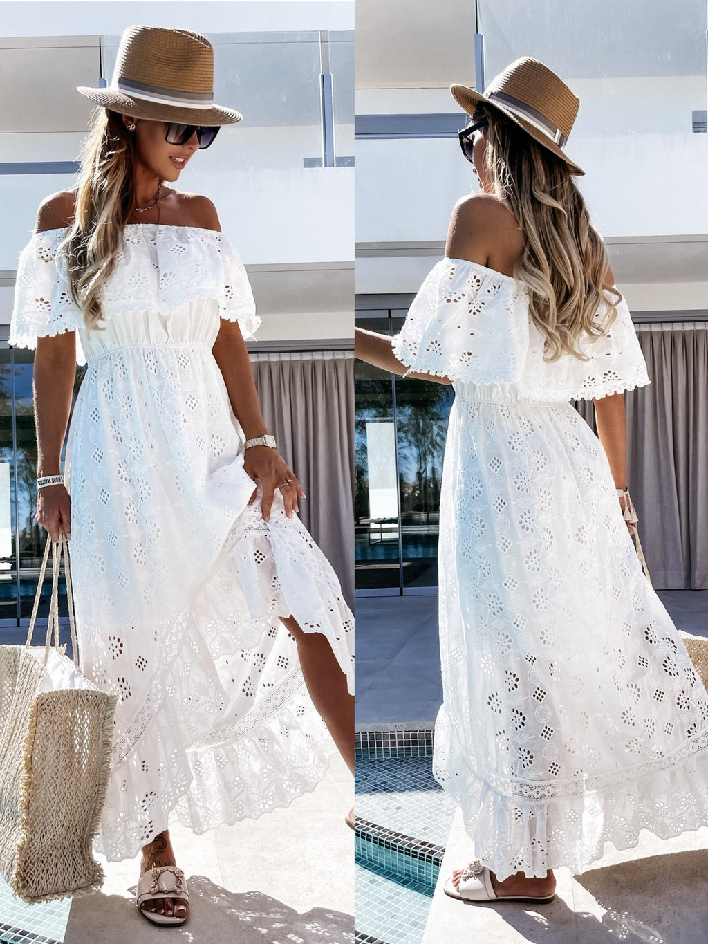 Bohemian Spitzenkleid Weißes Strandkleid Neckholder Schulterfrei Sexy Kleid für Frauen Lochstickerei