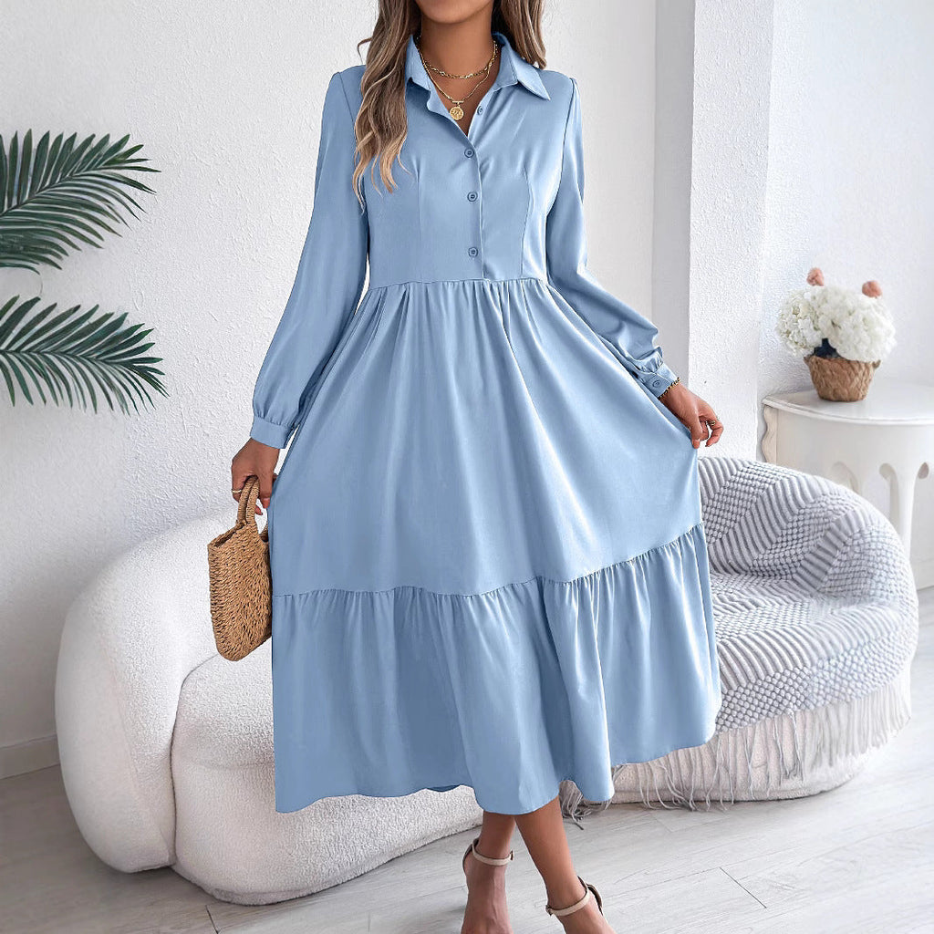 Herbst Winter Kragen Lässig Locker Langarm Rüschen Hemdblusenkleid Damenbekleidung