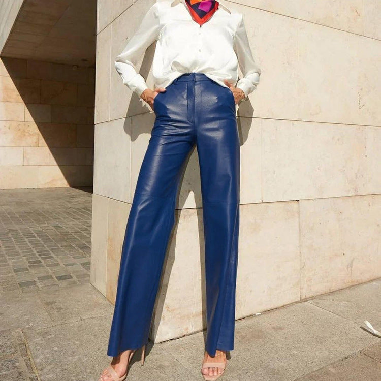 Damenbekleidung Frühling Kunstleder Mid-High-Waist Hüftstraffende Straight Casual Damenhosen Damenhosen