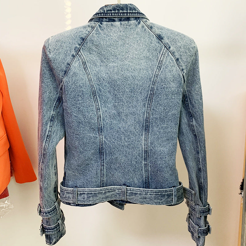 Damenmantel Löwenschnalle Schmaler Doppelreißverschluss Schräger Reißverschluss Gewaschene Jeans Motorradjacke