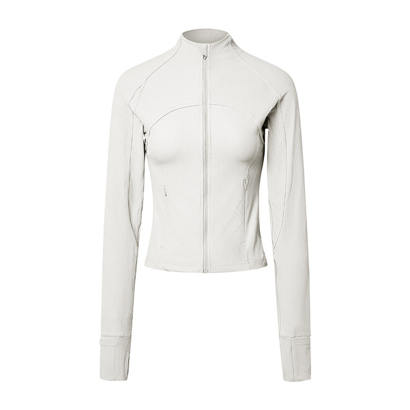 Vertikal gerippte, hochelastische, eng anliegende, feuchtigkeitsableitende Yoga-Jacke, Sport-Lauf-Reißverschluss-Kurzjacke