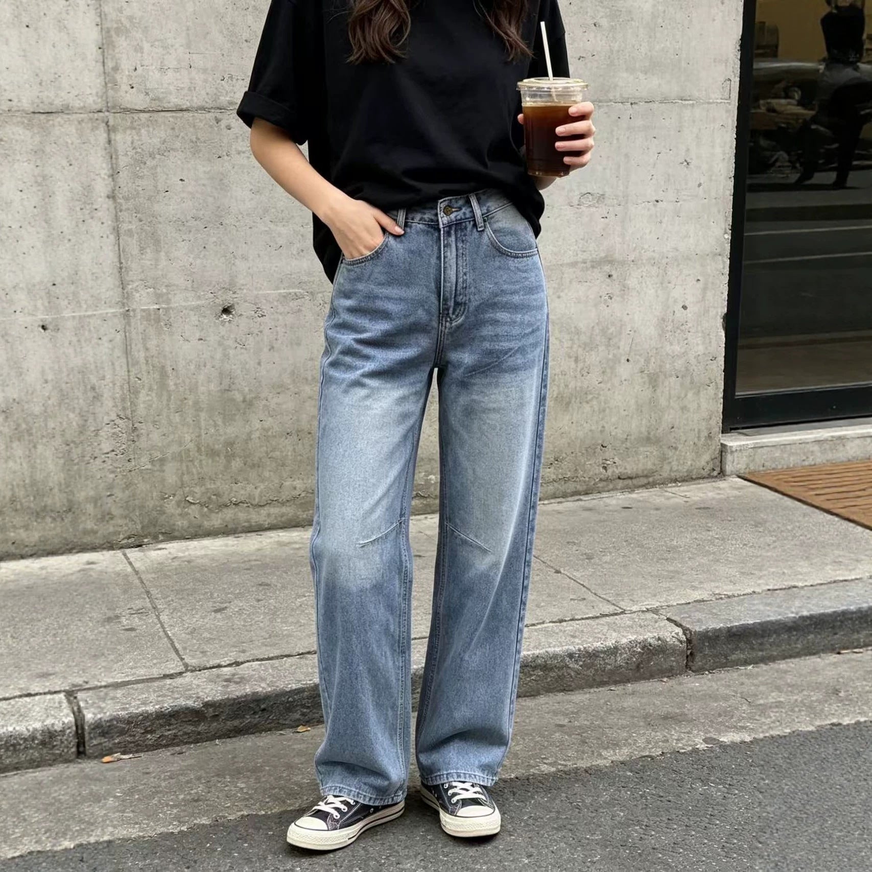 Washed Loose Wide Leg Casual Women Jeans Trousers