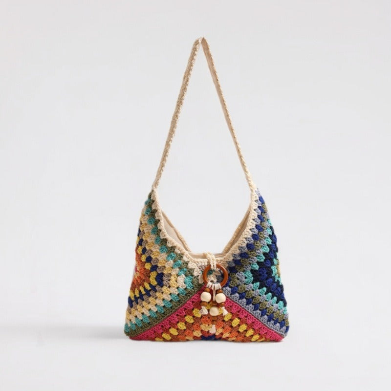 Ethnische Umhängetasche aus Baumwollfaden, gewebt, farbige Großmutter-Gitter-Strohtasche, Urlaubs-Strandtasche, Damenhandtasche