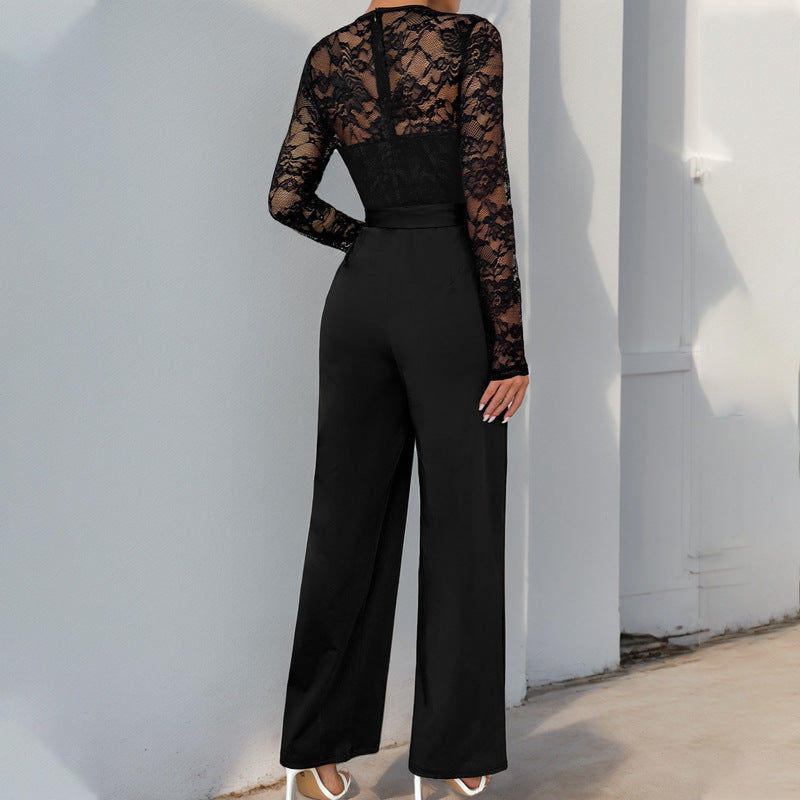 Herbst-Jumpsuit mit Spitzenstickerei, Reißverschluss und Schnürung, unifarben