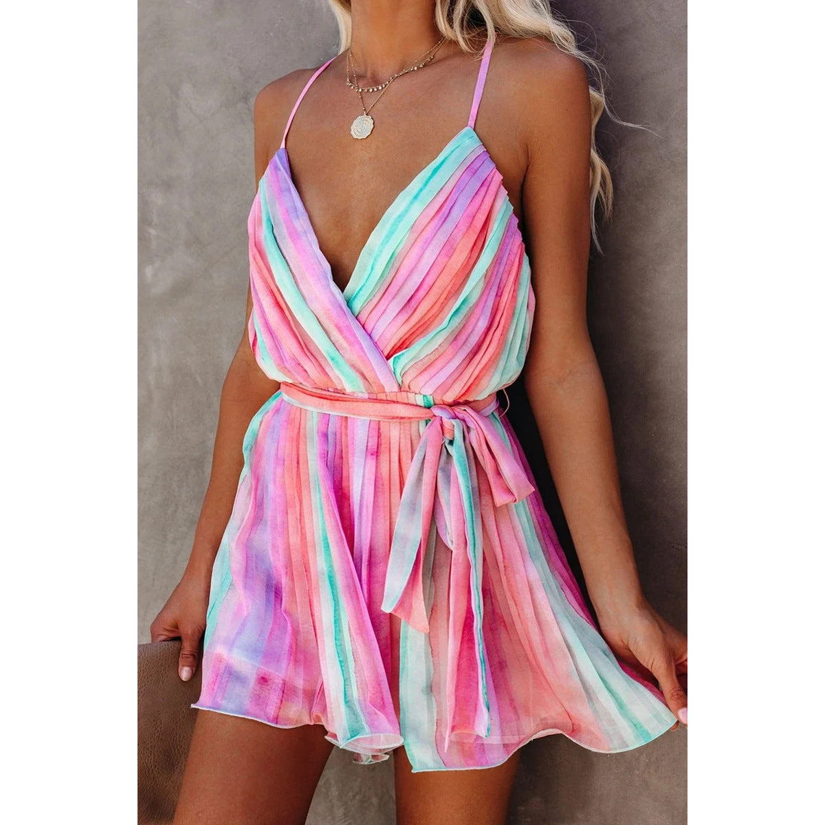 Spring Summer Suspender Pleated Chiffon Dress Home Lace up Sexy V neck Chiffon Dress