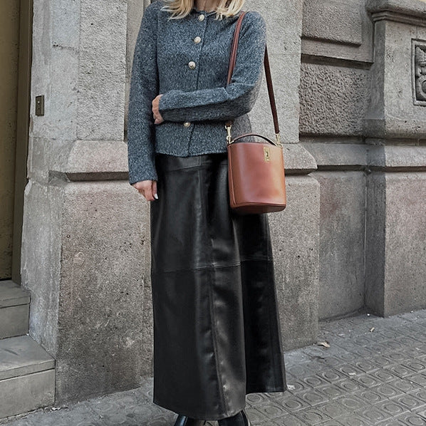 Retro Minimalistischer Hochtaillierter A-Linien Lederrock mit Fleecefutter, Rock aus Kunstleder mit Schlitz, Herbst Winter Maxi Damen