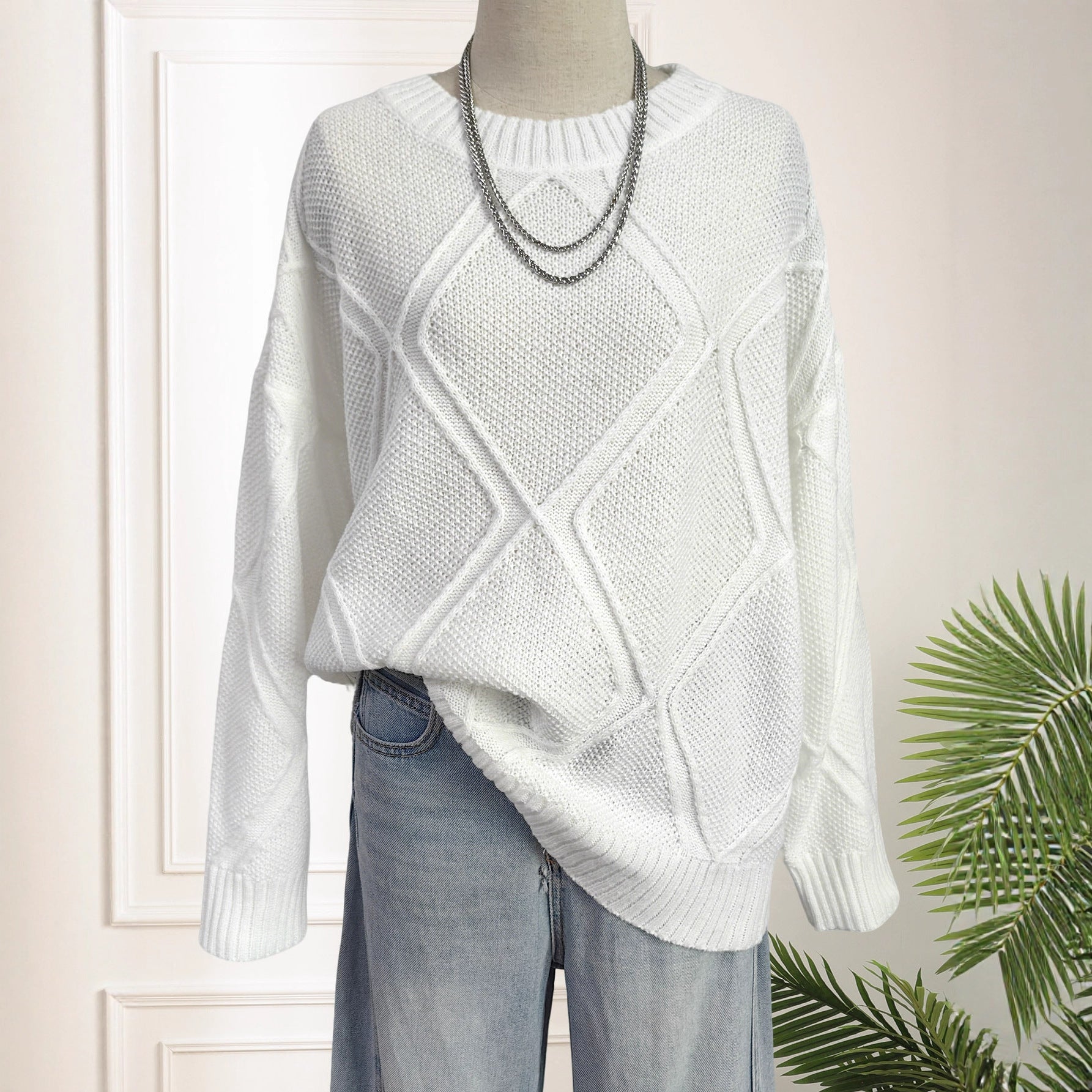 Top-Plattform Damenbekleidung Diamant-Karomuster Jacquard Locker Sitzender Lässiger Pullover