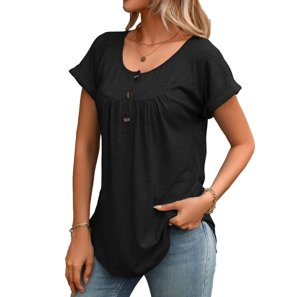 Summer Solid Color round Neck Button Loose Short Sleeve T shirt Top Women