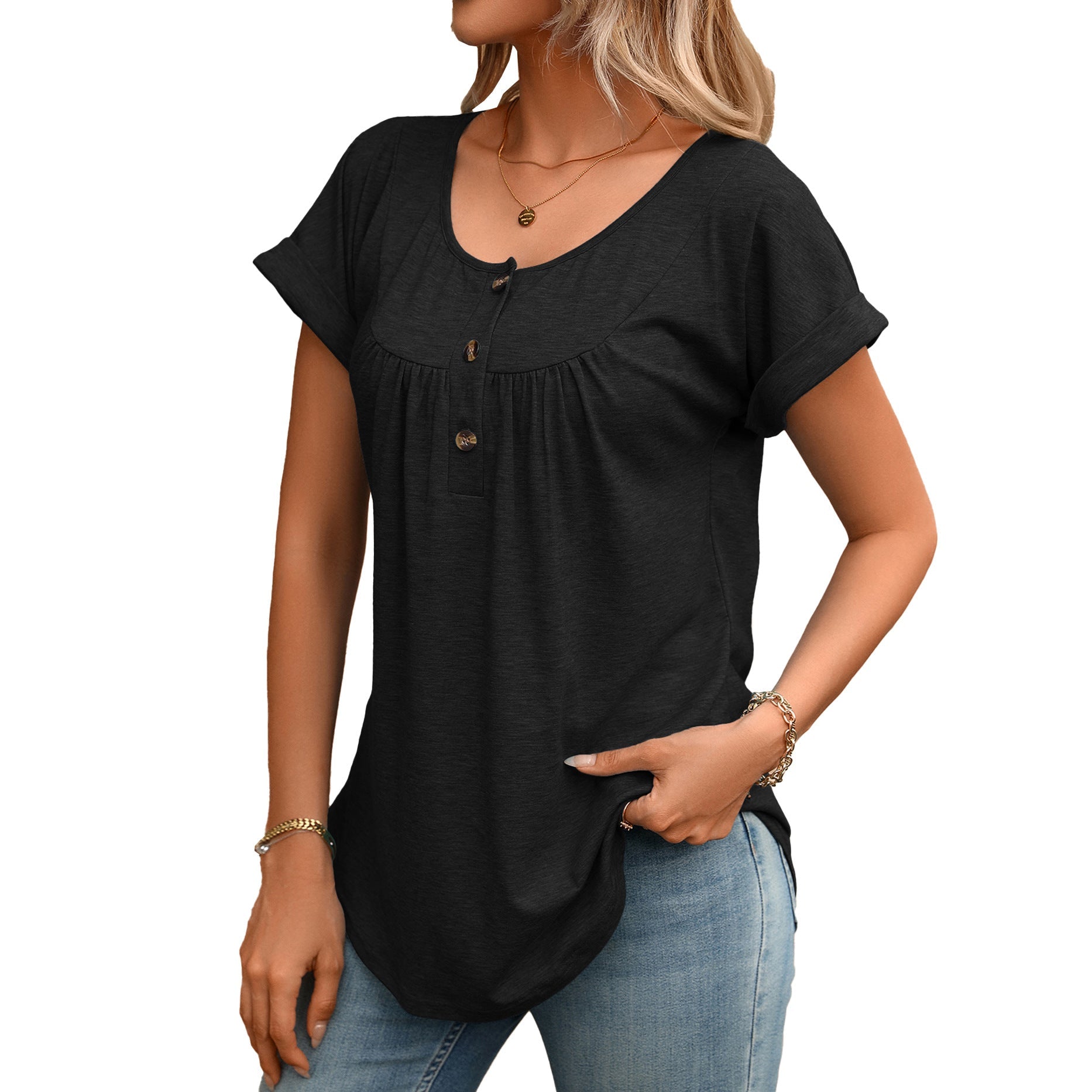 Summer Solid Color round Neck Button Loose Short Sleeve T shirt Top Women
