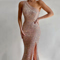 Damenbekleidung Pinkes Schlitzkleid One Shoulder Paillettenkleid