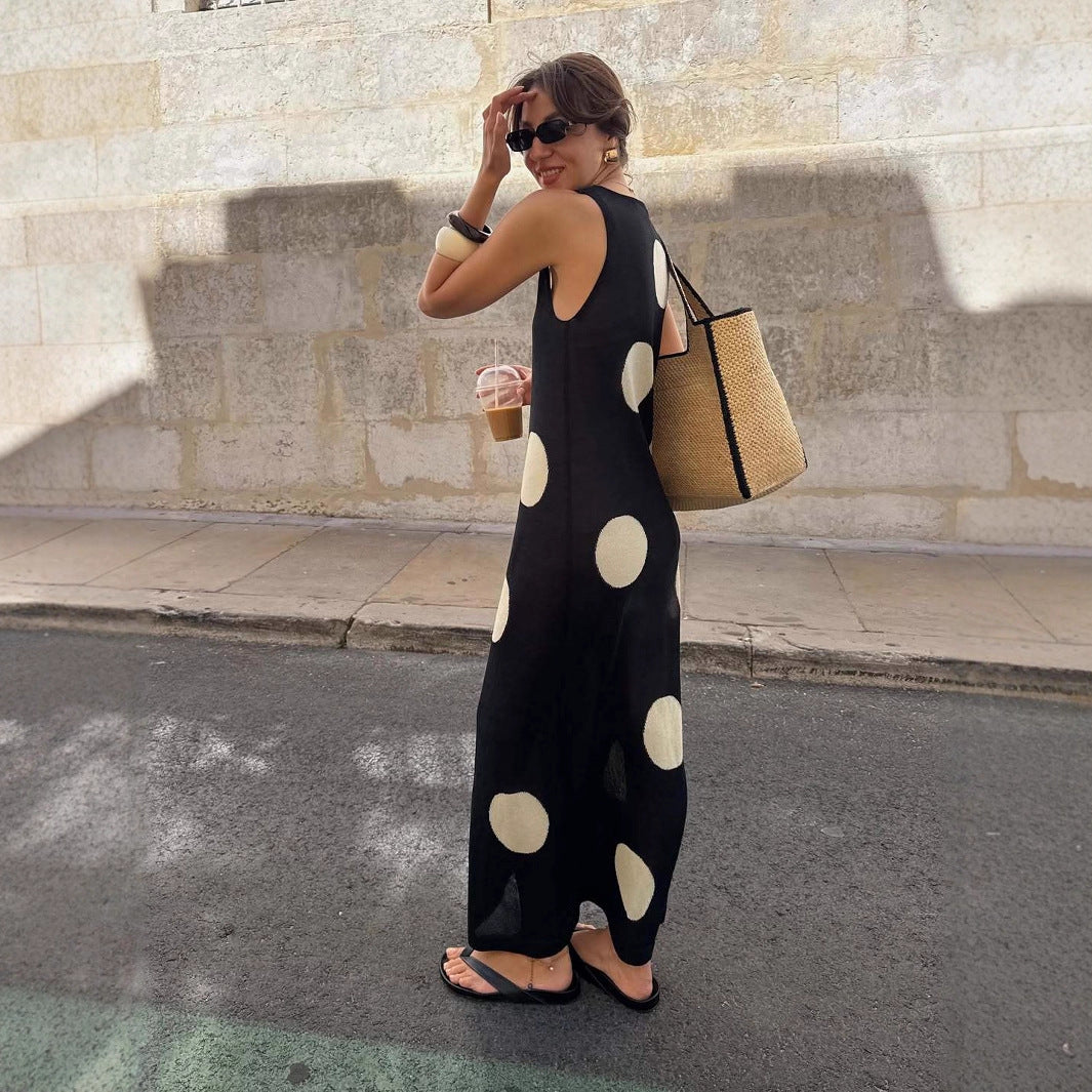 Herbst Winter Polka Dot Lässiges Schlankheitsstrick Maxikleid Böhmisches Strand-Durchsichtig-Kleid Damen
