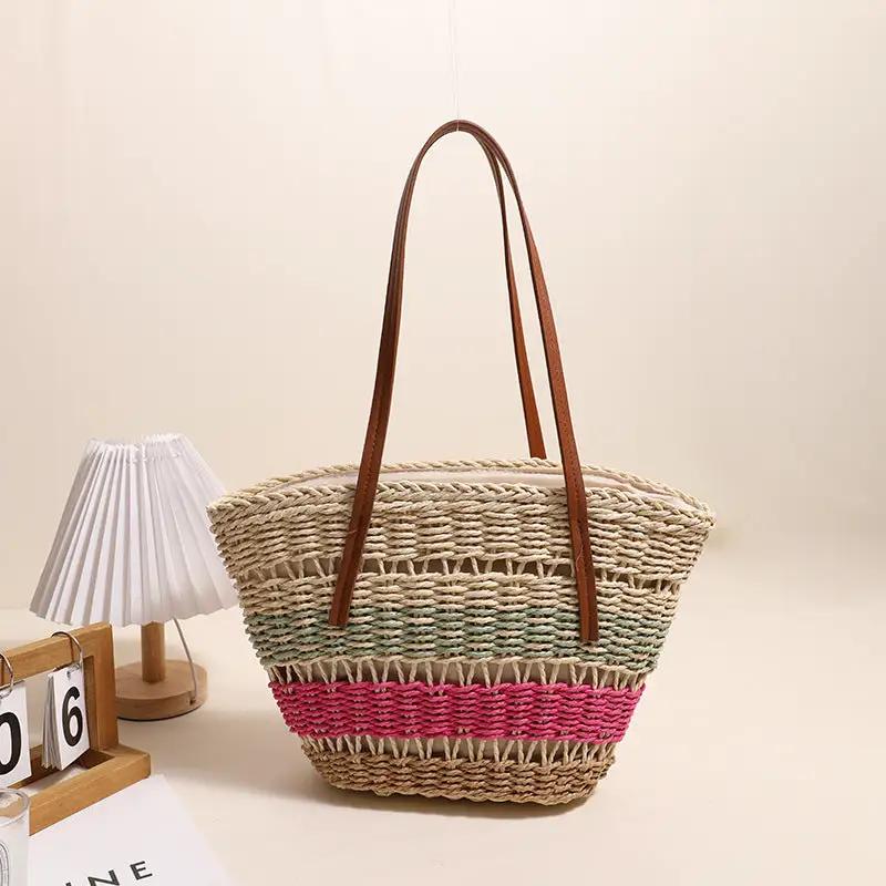 Colorful Striped Shoulder Straw Bag Large Capacity Straw Bag Woven Bag Rattan Women Bag Portable Vegetable Basket by Wanita Store