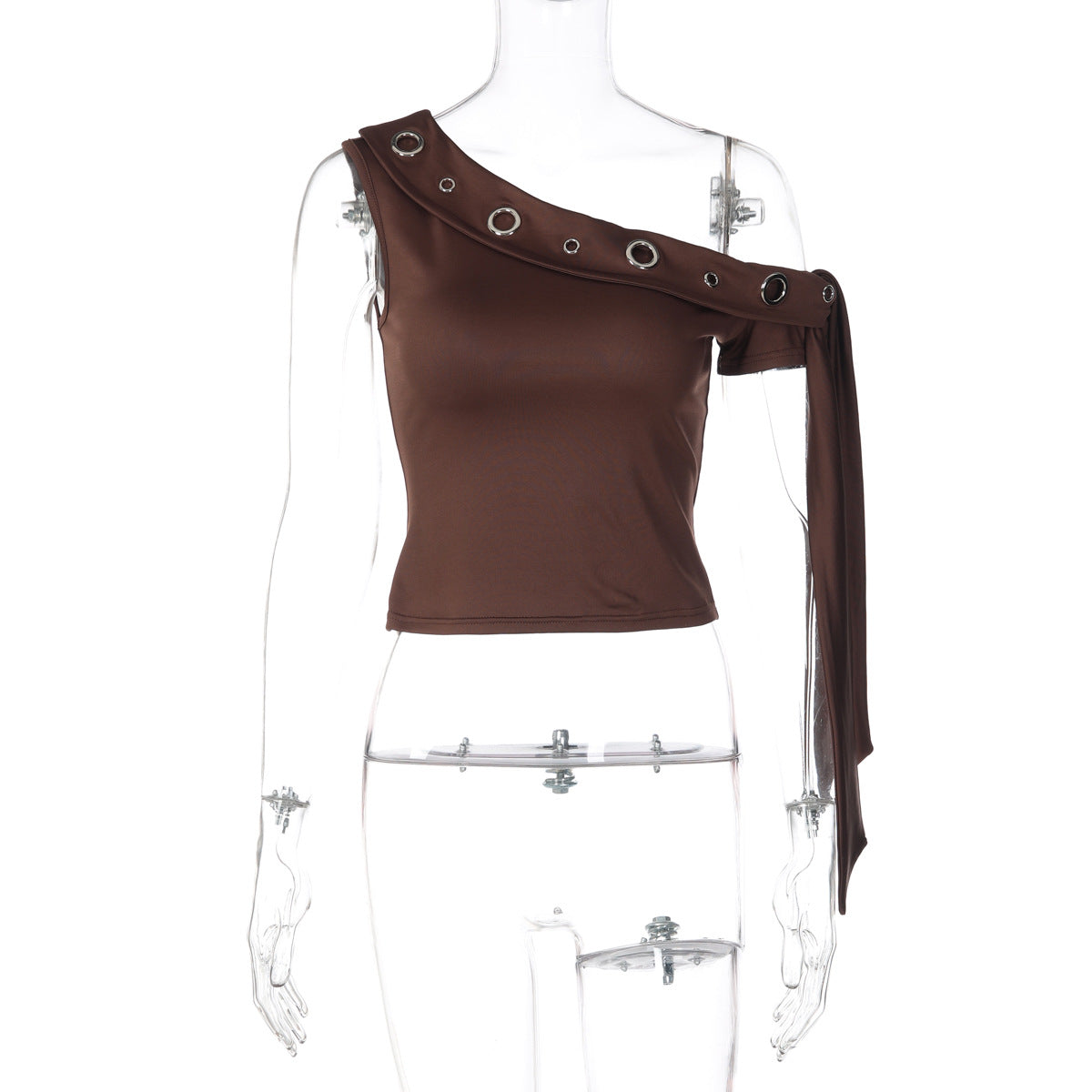 Women Clothing Summer Grommet Hole One Shoulder Diagonal Collar Ribbon Solid Color Casual T shirt Top
