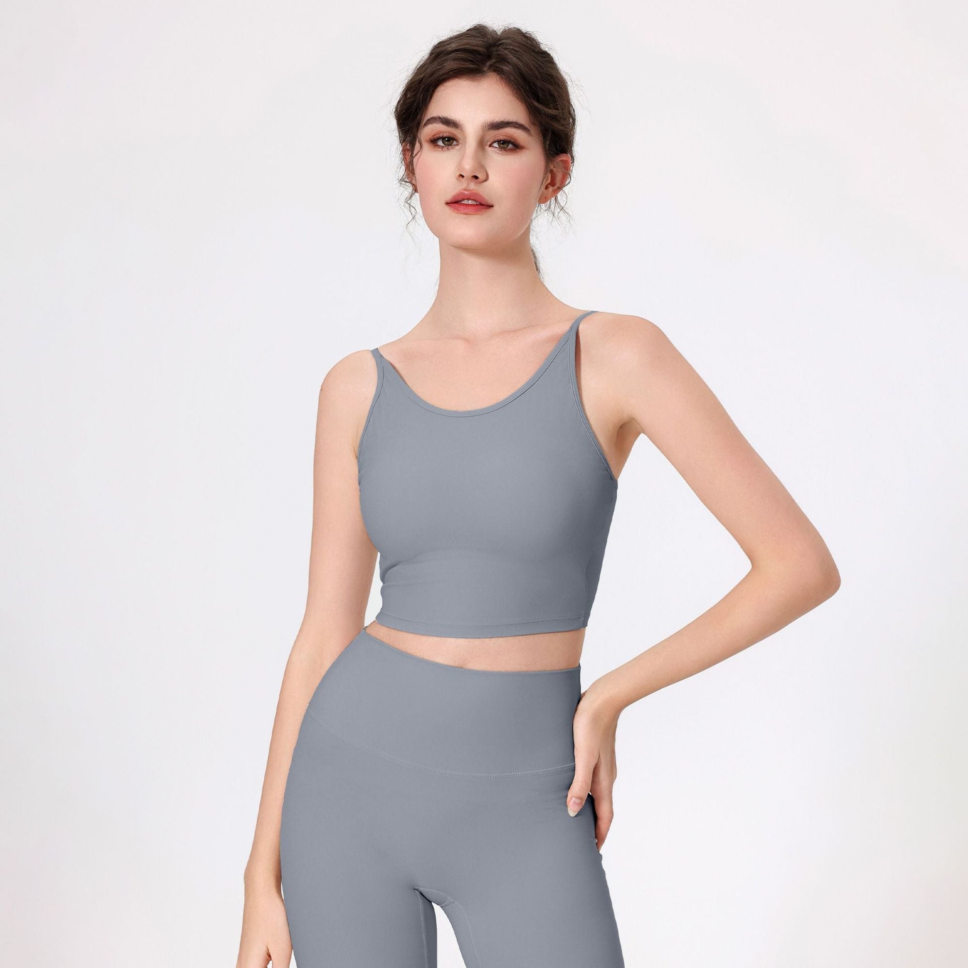 Nude Feel Spaghetti-Träger Aushöhlen Cutout Beauty Back Yoga-BH Bauchkontroll Fitness Schnelltrocknendes Atmungsaktives Sport-Top