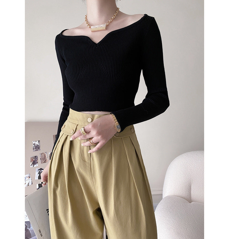 Blütenkragen kurzer Pullover für Damen Herbst Schmal geschnittener Schlüsselbein-Bottoming-Shirt