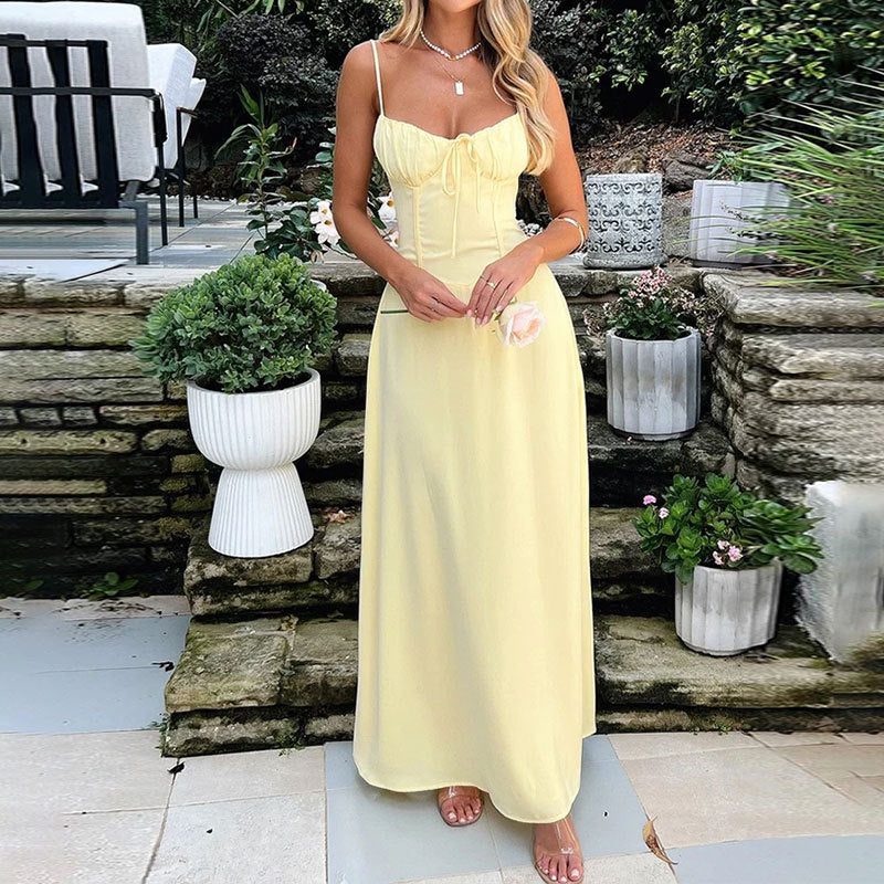 Frühlingskleidung für Damen – Elegantes A-Linien-Trägerkleid zum Schnüren in Unifarbe