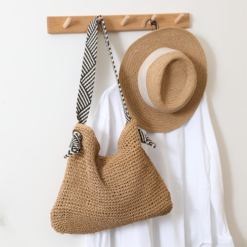 Dunkelblaue Strohtasche, handgefertigte Umhängetasche, gewebte Tasche, Damentasche, Urlaub, Strandtasche
