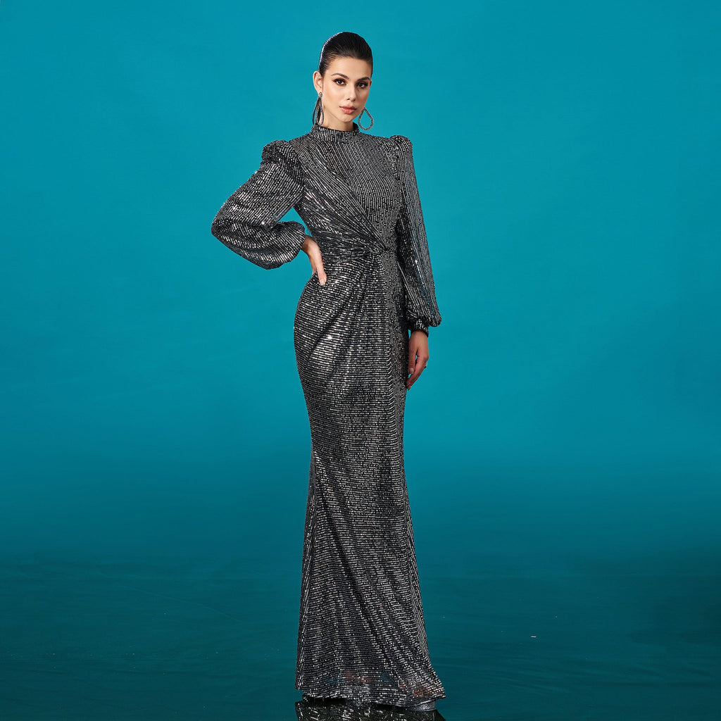 Fortgeschrittenes langärmeliges Rundhals-Cocktailkleid mit Fishtail-Pailletten für den Abend