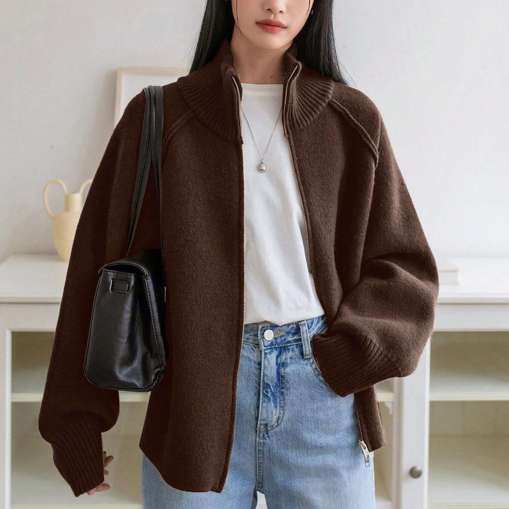 Fauler Pullovermantel Damen Herbst Winter Koreanisch Uni Stehkragen Reißverschluss Strickjacke Oberteil
