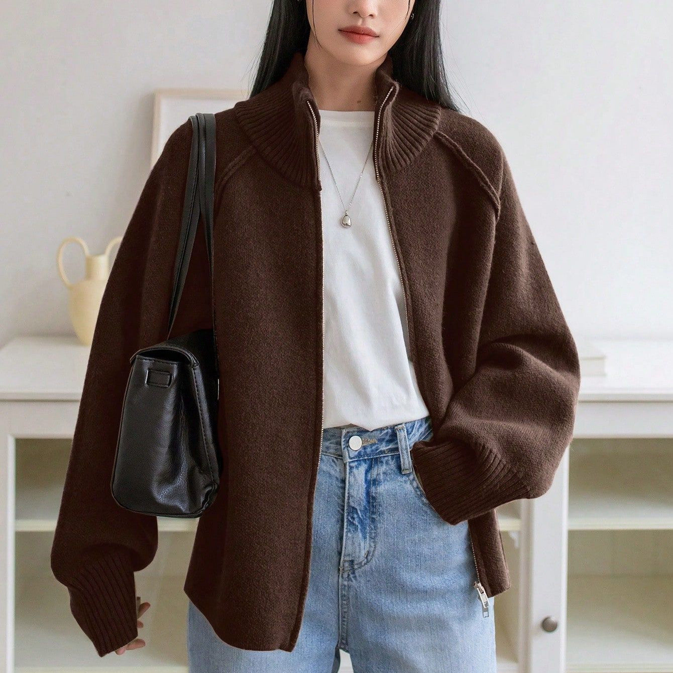Fauler Pullovermantel Damen Herbst Winter Koreanisch Uni Stehkragen Reißverschluss Strickjacke Oberteil
