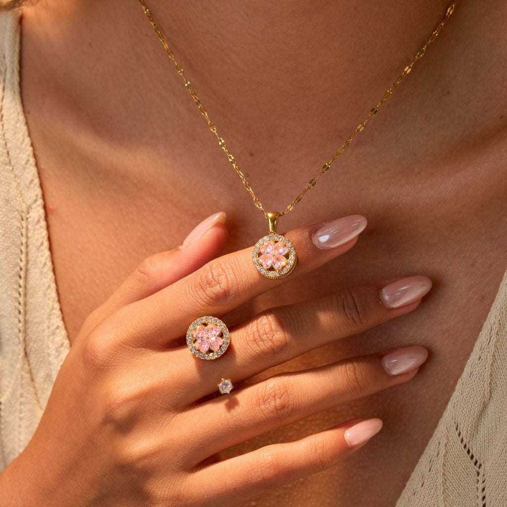 Inlaid Zircon Rotatable Clover Stainless Steel Necklace Light Luxury Titanium Steel Ring Hand Jewelry