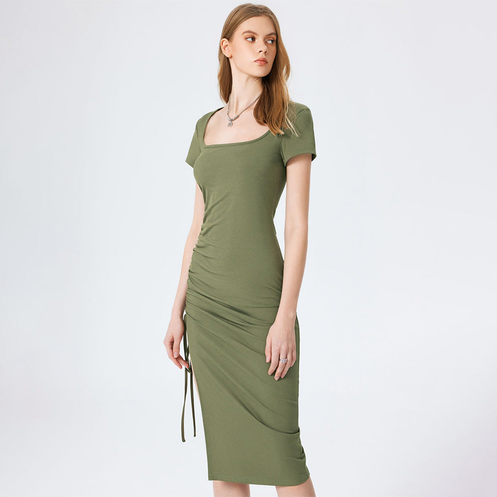 Knitted Small Sunken Stripe Elegant Square Cut Collar Waist Figure Flattering Side Slit Hip Dress