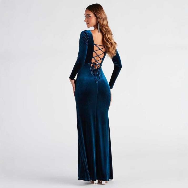 Damenbekleidung Langarm Quadratischer Ausschnitt Hoher Schlitz Oberschenkel Einfarbig Samtkleid Cocktail Zeremonie