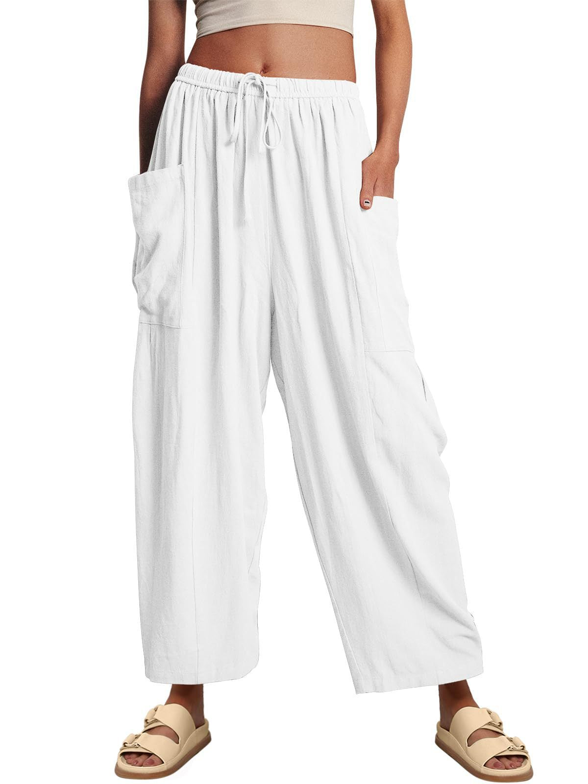 Damenbekleidung Elastische Taille Plissierte Hohe Taille Weite Beinhose Lockere Freizeithose aus Baumwollleinen