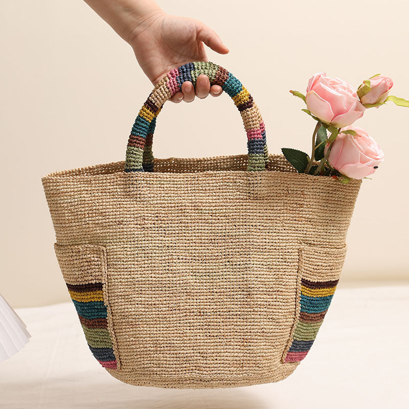 Hochwertige Raffia Tragbare Strohtasche Farbe Außentasche Strohtasche Gewebte Tasche Damen Strandurlaub Strandtasche