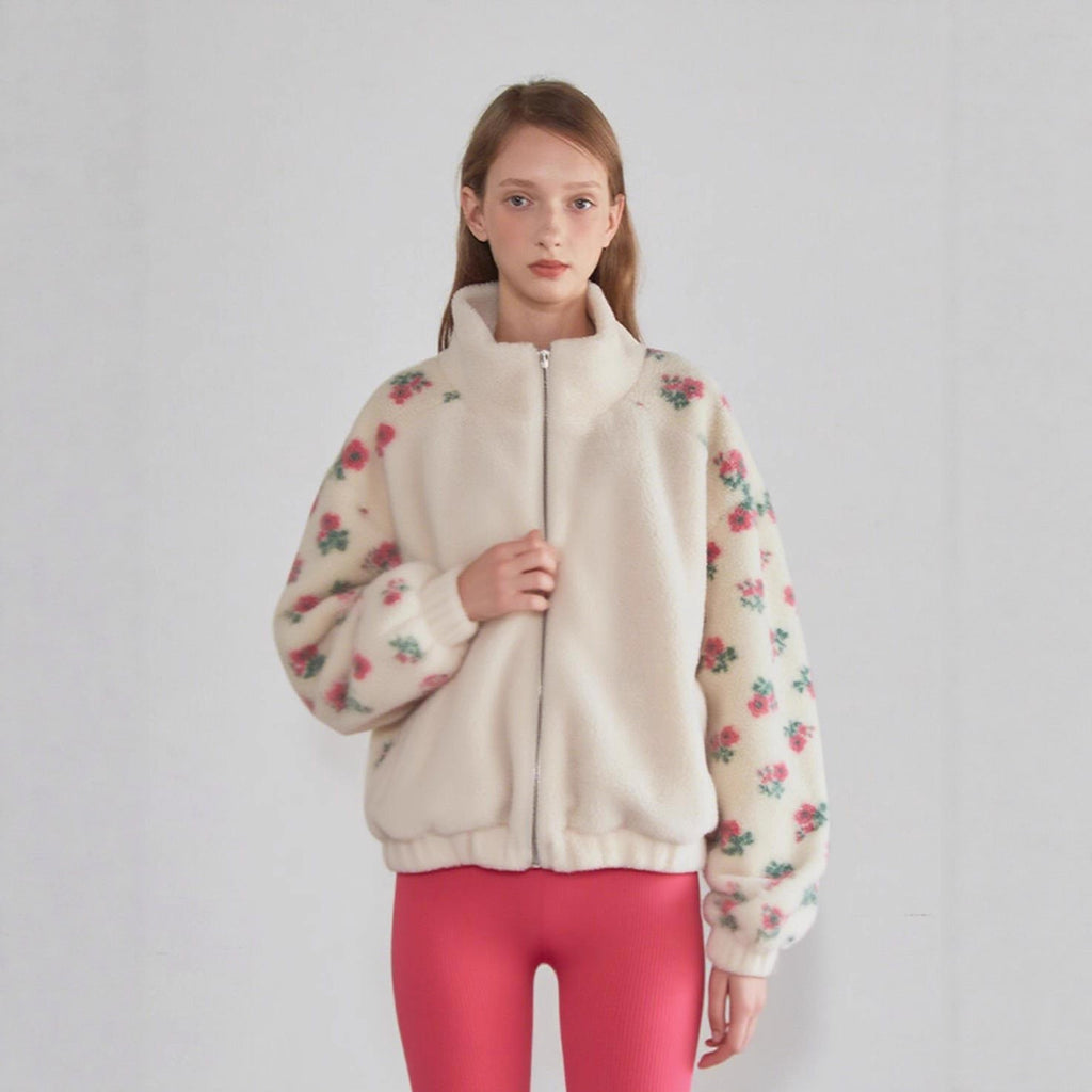 Winter Women Clothing Loose Polar Fleece Floral Stitching Zipper Collared Lamb Wool Coat