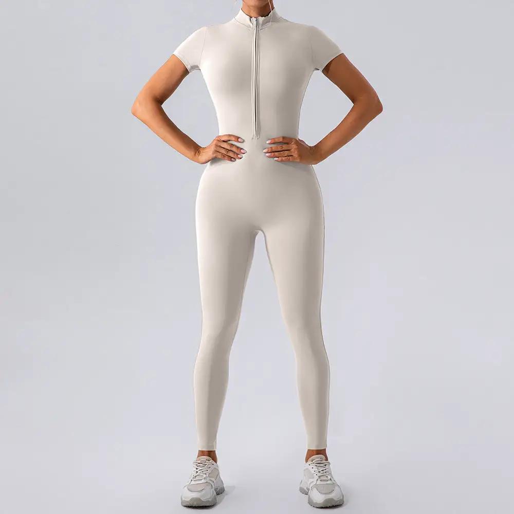 Zipper Short Sleeve Nude Feel Yoga Jumpsuit Women Outer Wear Workout Exercise Pants One Piece Tights by Wanita Store