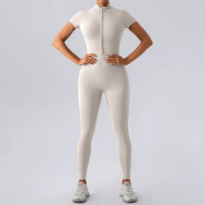 Zipper Short Sleeve Nude Feel Yoga Jumpsuit Women Outer Wear Workout Exercise Pants One Piece Tights by Wanita Store