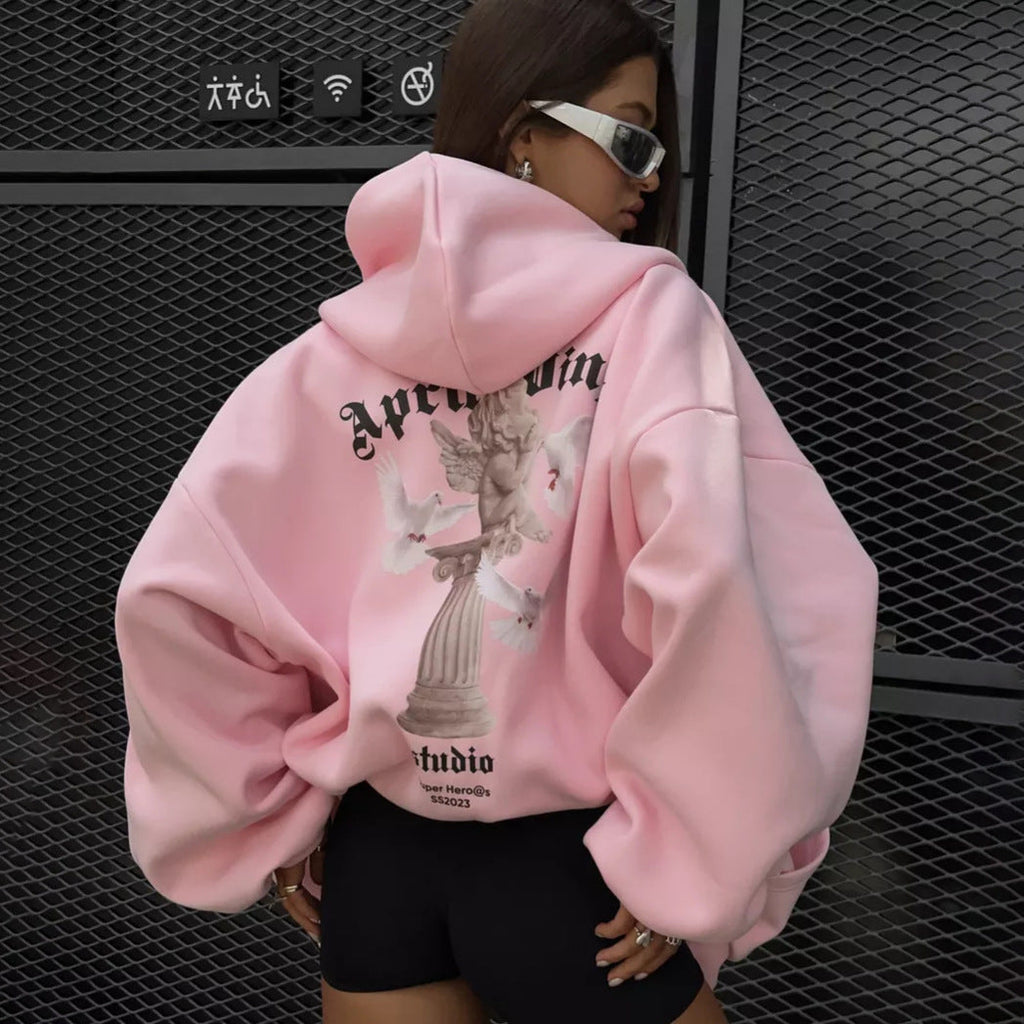 Lockere Persönlichkeit Trendiger Sexy Casual Pullover mit Engel-Print, Kapuze und Reißverschluss für Damen Frühling Herbst