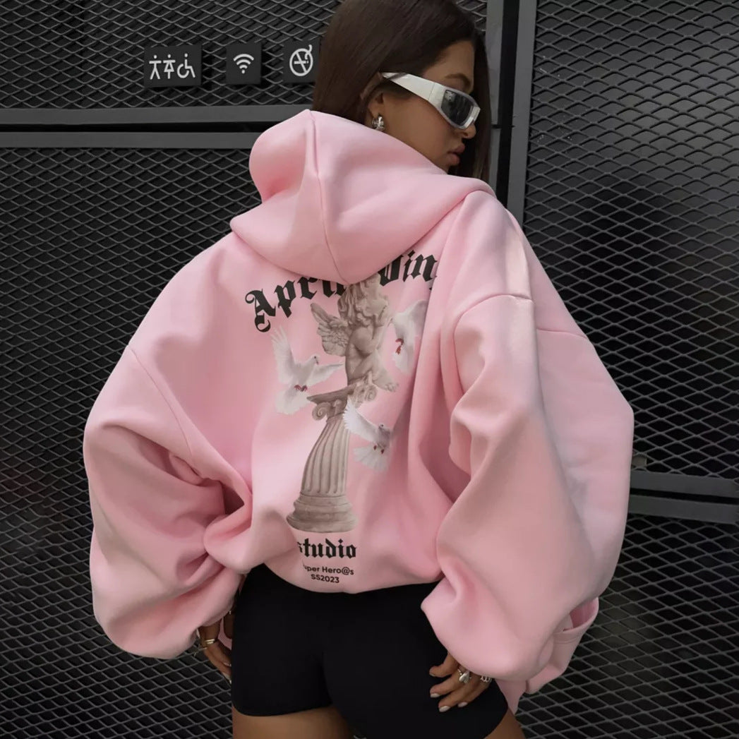 Lockere Persönlichkeit Trendiger Sexy Casual Pullover mit Engel-Print, Kapuze und Reißverschluss für Damen Frühling Herbst