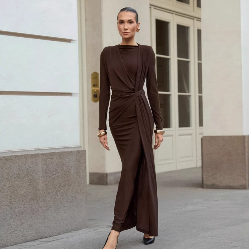Herbst Französisch Kleid Maxikleid Damen Strukturiert Taille Schlankmachendes Abendkleid