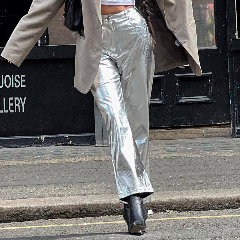 Women Clothing Fall Winter High Waist Faux Leather Pants Women Candy Color Casual Pants Women