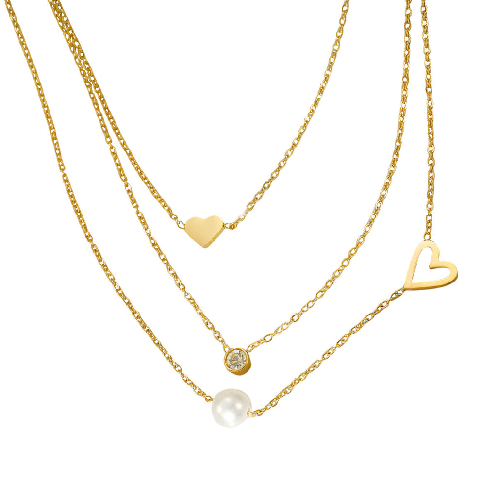 Fashionable Simple 18K Gold Stainless Steel Lovely Pearl Zircon Clavicle Three Chain Twin Necklace for Women